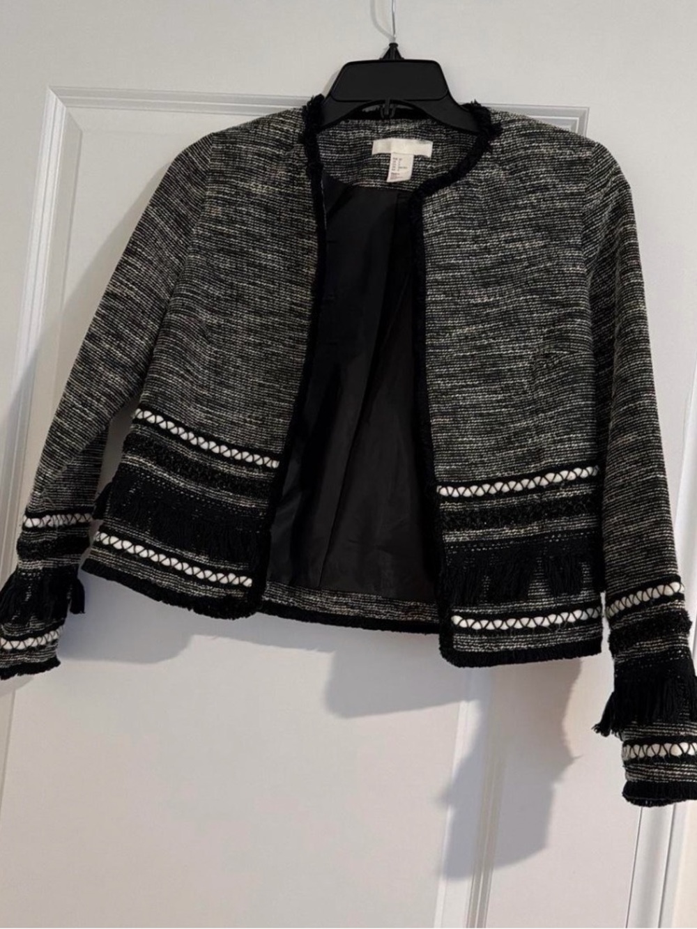 H&M Black and White Textured Open-Front Blazer